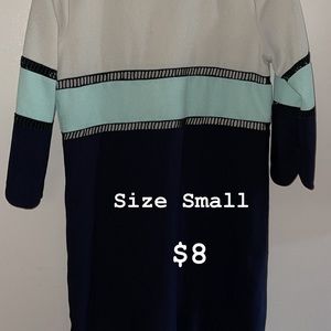 Tan, turquoise, navy blue dress